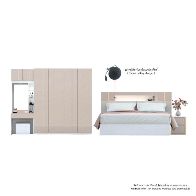 ชุดห้องนอน + ที่นอน PVC 6 ฟุต WISDOM DESIGN FURNITURE รุ่น NOBLE สีขาว/กลอสซี่เบจ